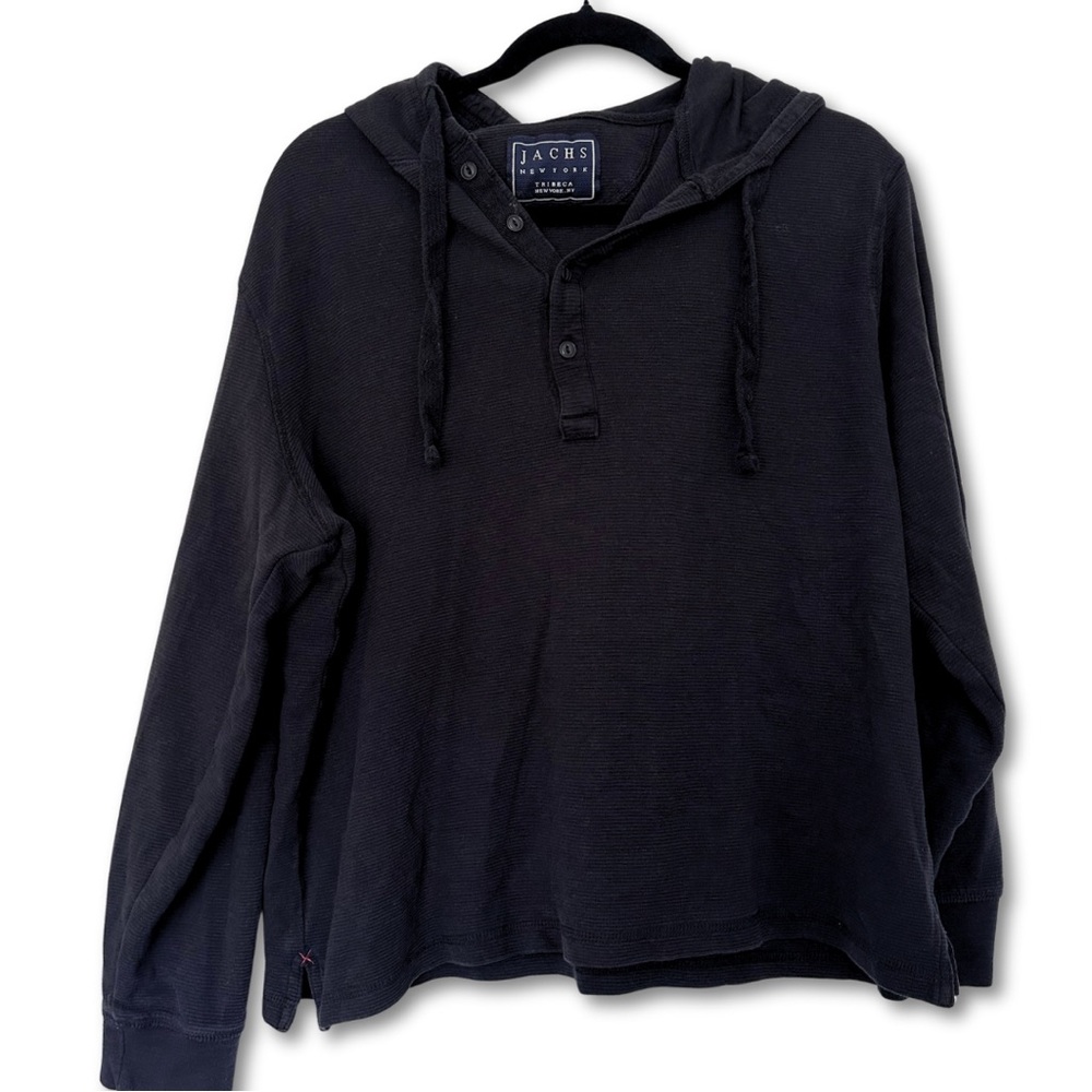 Jachs New York (Large) Black Ribbed Knit Henley Neck Sweater Hoodie